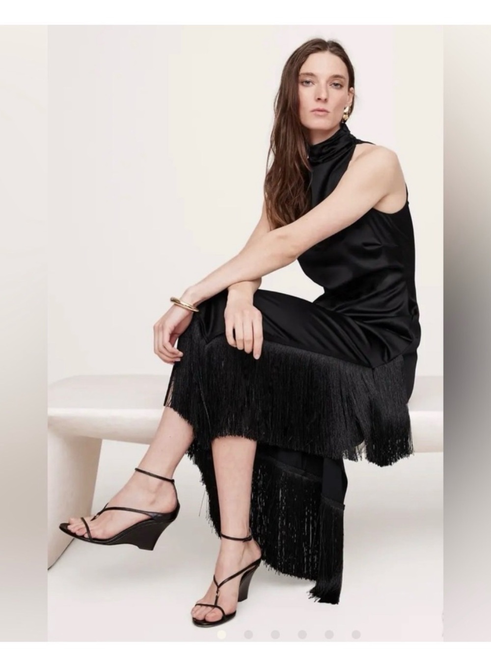 Banana Republic Fringe Satin Maxi Dress - Size 6P- Black